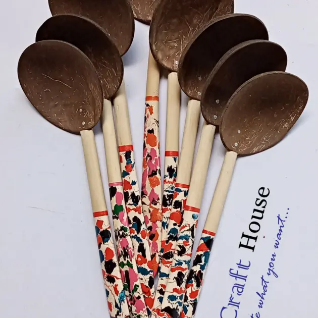 10" colorful Wooden Spoon| Handmade Coconut Shell Wooden Spoon|Lacquerware coconut shell flat wooden spoon|Natural Kitchen Tools Equipment