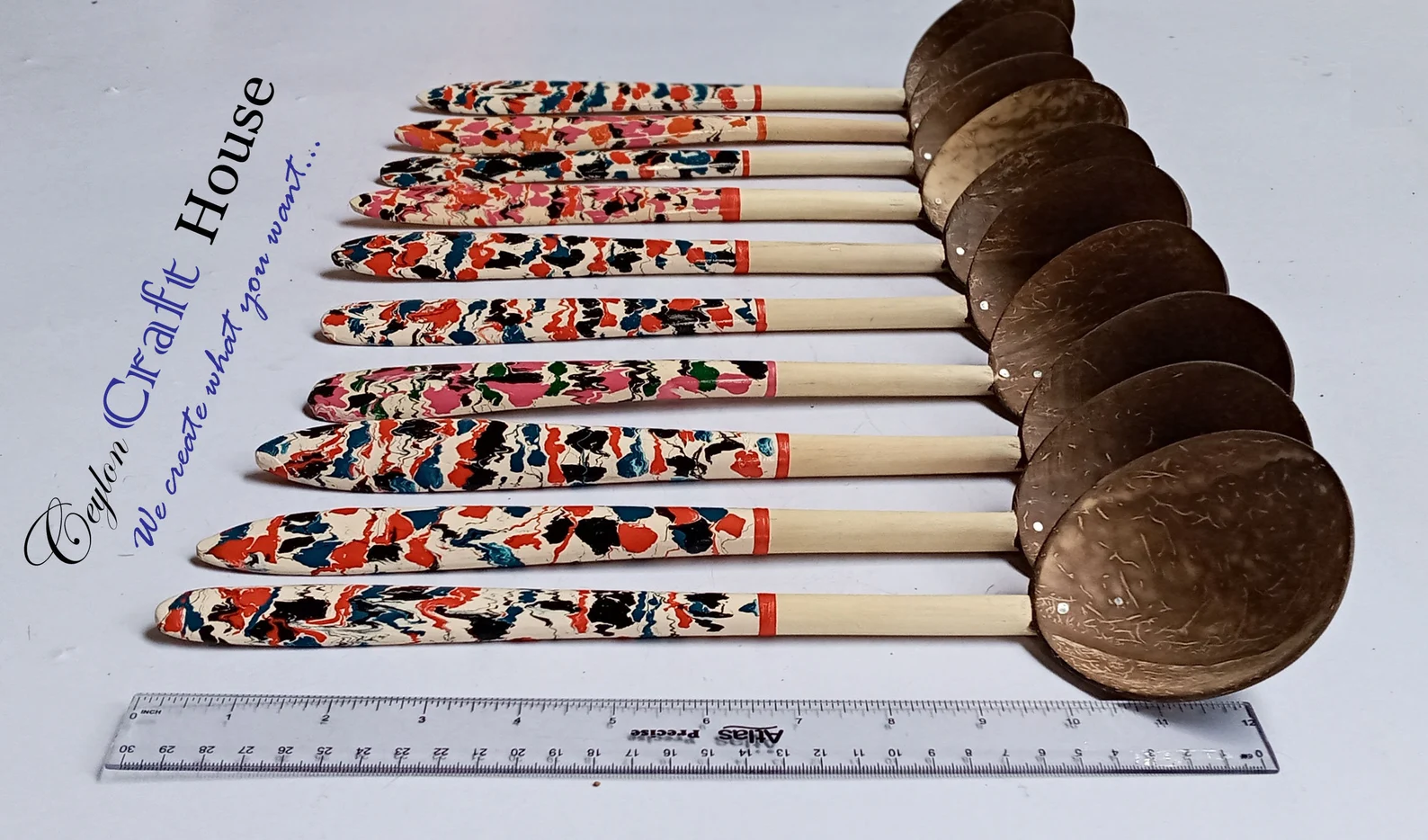 10" colorful Wooden Spoon| Handmade Coconut Shell Wooden Spoon|Lacquerware coconut shell flat wooden spoon|Natural Kitchen Tools Equipment - Image 2