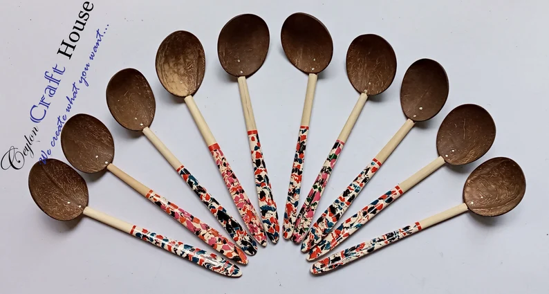 10" colorful Wooden Spoon| Handmade Coconut Shell Wooden Spoon|Lacquerware coconut shell flat wooden spoon|Natural Kitchen Tools Equipment - Image 7