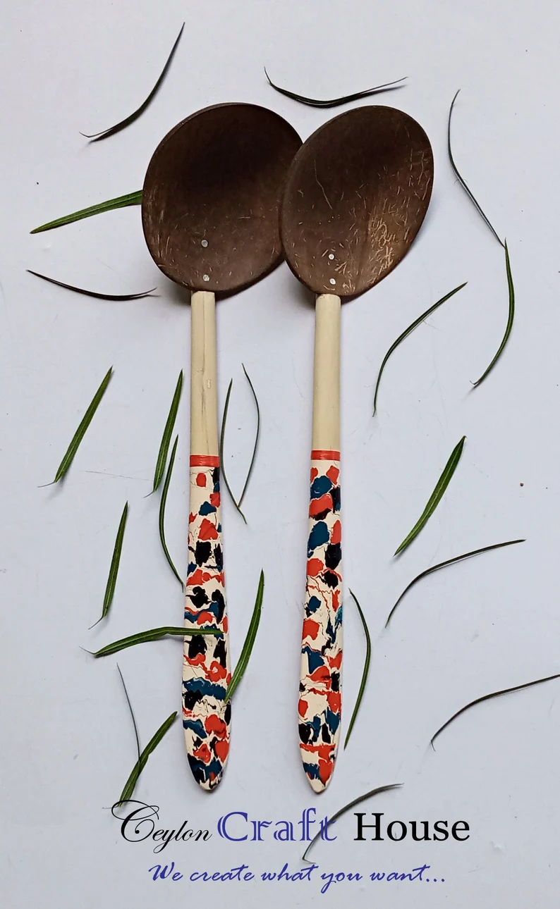 10" colorful Wooden Spoon| Handmade Coconut Shell Wooden Spoon|Lacquerware coconut shell flat wooden spoon|Natural Kitchen Tools Equipment - Image 5