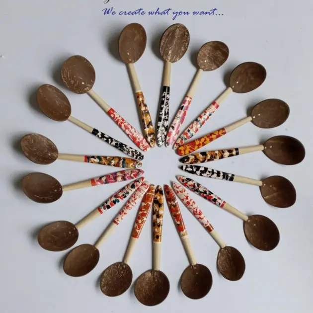 Handmade eco friendly coconut shell spoons|Sustainable wooden spoons for cooking and serving|Rustic handmade coconut spoons for kitchen use