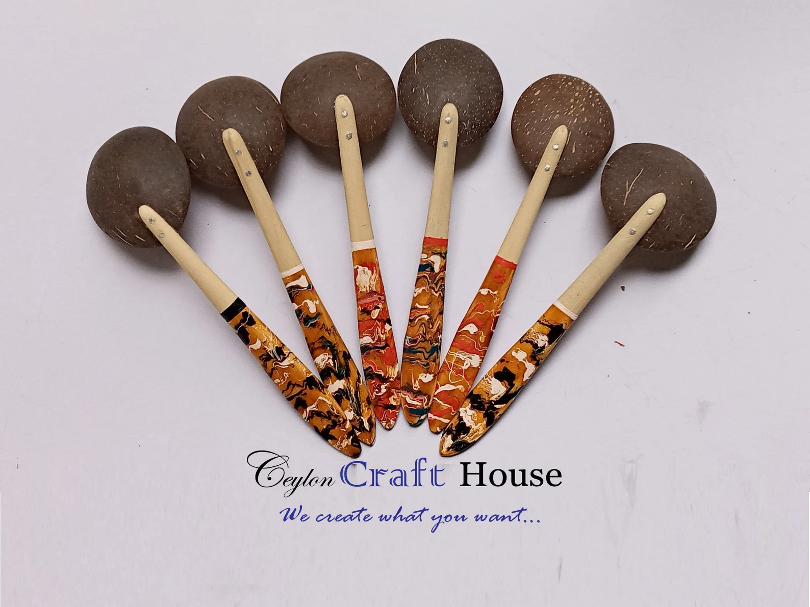 6" Natural colorful Wooden Spoon|100% Handmade Coconut Shell Wooden Spoon|Lacquerware flat wooden spoon|Natural Kitchen Tools Equipment.