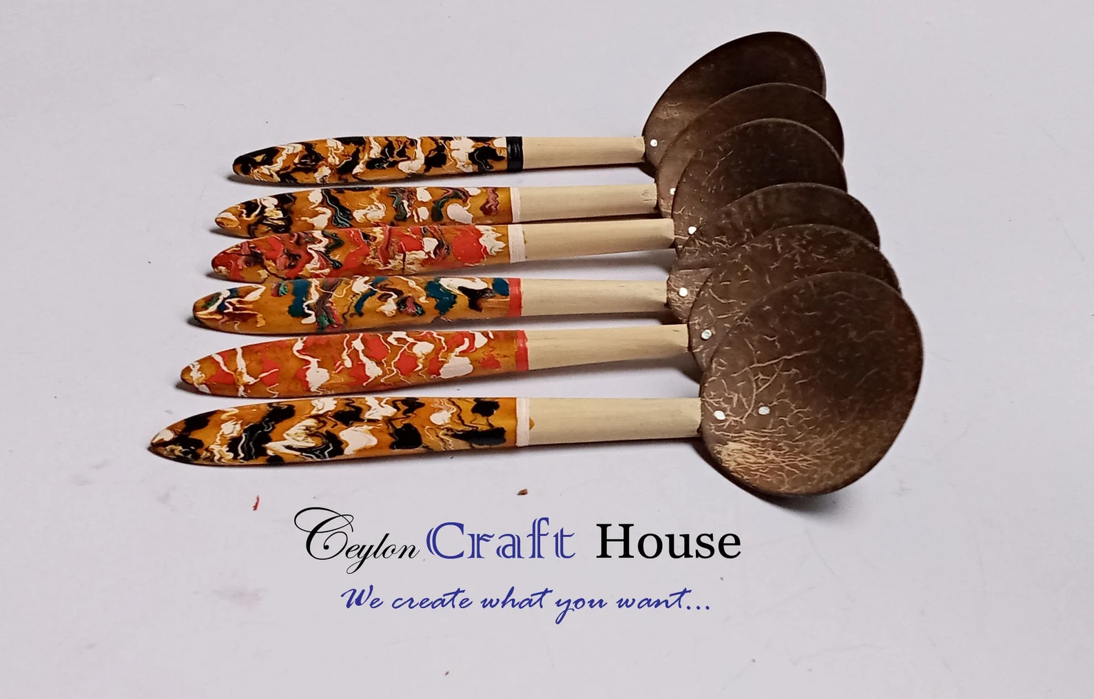 6" Natural colorful Wooden Spoon|100% Handmade Coconut Shell Wooden Spoon|Lacquerware flat wooden spoon|Natural Kitchen Tools Equipment. - Image 2