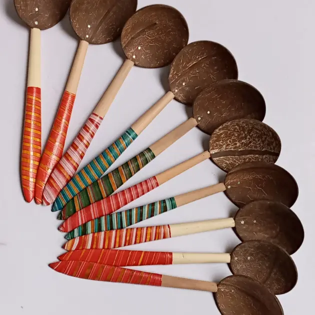 Lacquerware Coconut Shell 8" Wooden spoon | Handcrafted Serving Dish | Natural Coconut Spoon|Eco-Friendly Coconut spoon|Natural Wooden Spoon