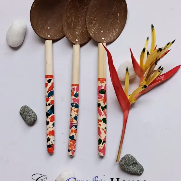 6" colorful Wooden Spoon| Handmade Coconut Shell Wooden Spoon|Lacquerware coconut shell round wooden spoon|Natural Kitchen Tools Equipment