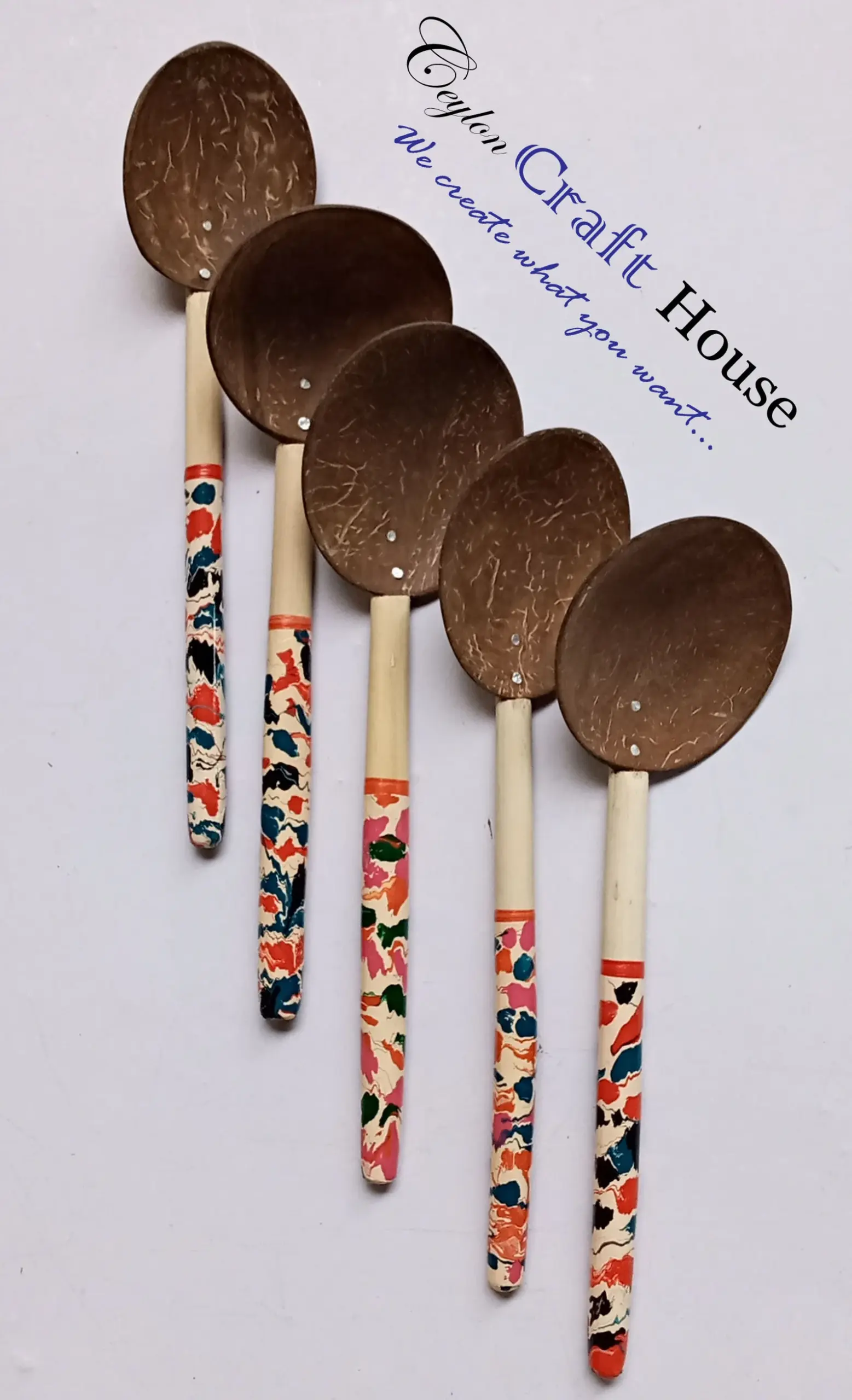 6" colorful Wooden Spoon| Handmade Coconut Shell Wooden Spoon|Lacquerware coconut shell round wooden spoon|Natural Kitchen Tools Equipment - Image 3