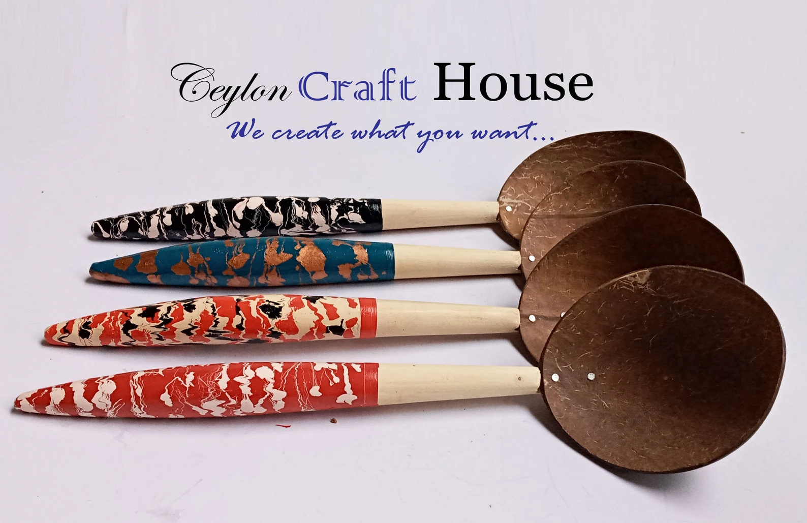 Large colorful Spoon | Handmade Coconut Shell Wooden Spoon| Lacquerware coconut shell rice spoon|Sri Lankan Natural Kitchen Tools Equipment - Image 2