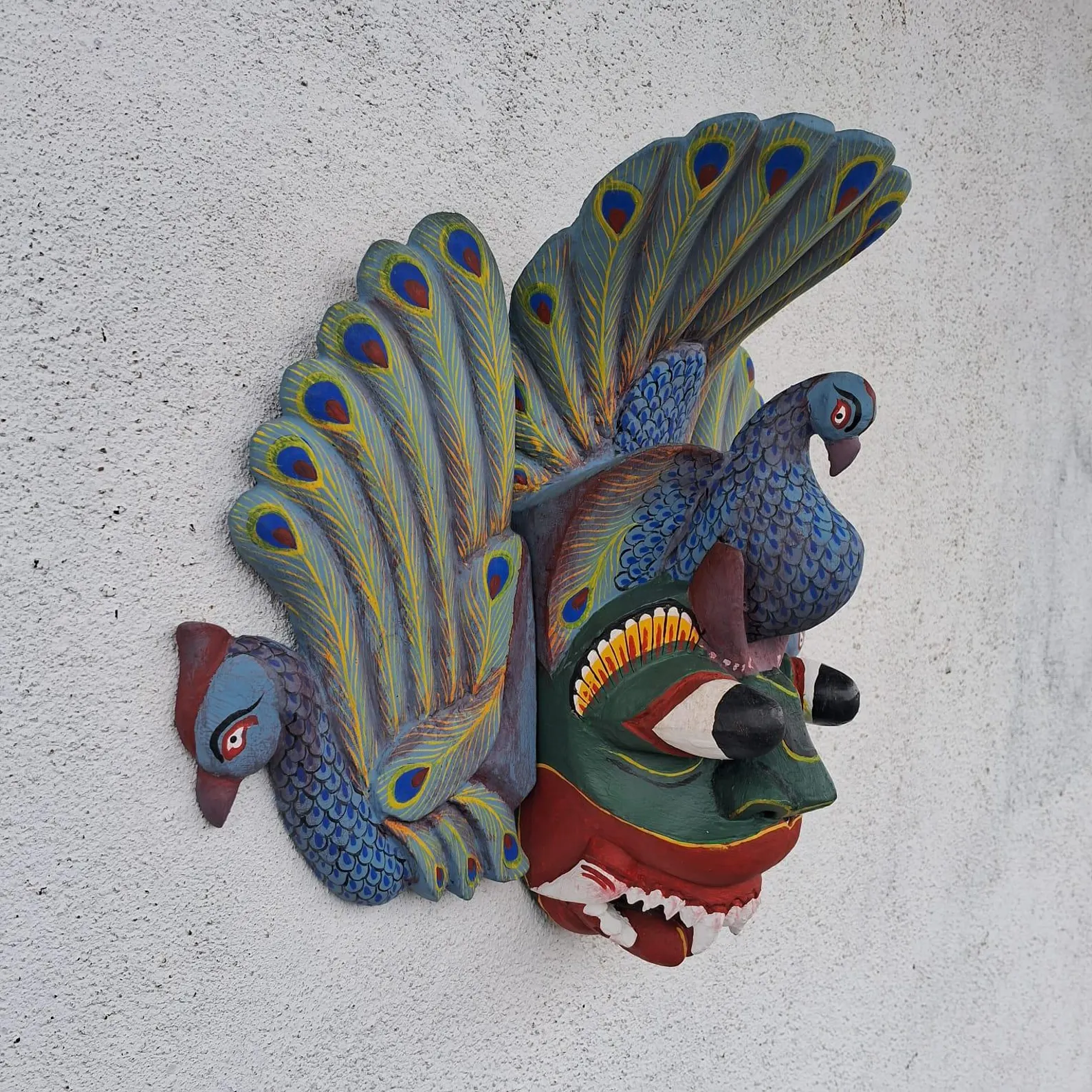 Stunning Peacock Mask Sculpture| Beautiful and lucky Wooden Wall Hanging Mask Hand Carved Wood Wall Hanging Mask| Home Decor Wall Art| Decor - Image 2