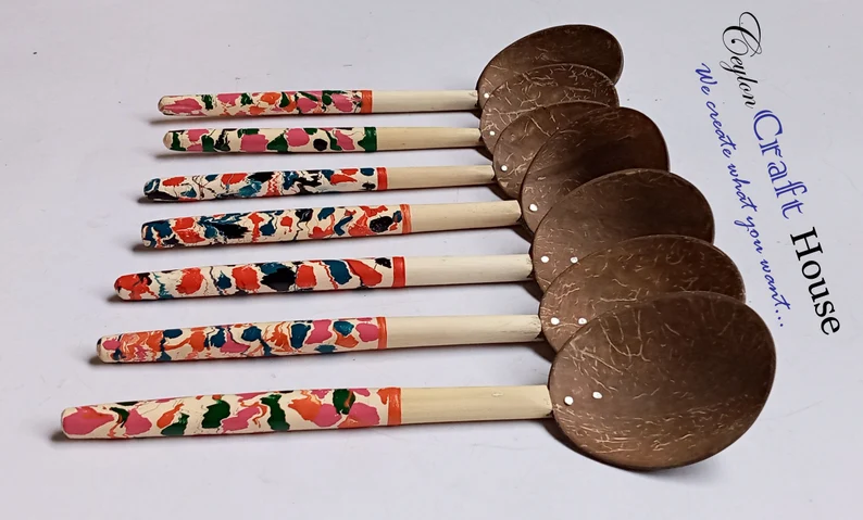 6" colorful Wooden Spoon| Handmade Coconut Shell Wooden Spoon|Lacquerware coconut shell round wooden spoon|Natural Kitchen Tools Equipment - Image 6