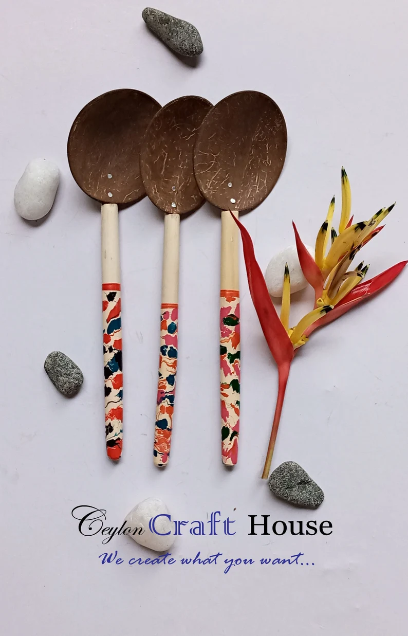 6" colorful Wooden Spoon| Handmade Coconut Shell Wooden Spoon|Lacquerware coconut shell round wooden spoon|Natural Kitchen Tools Equipment - Image 4