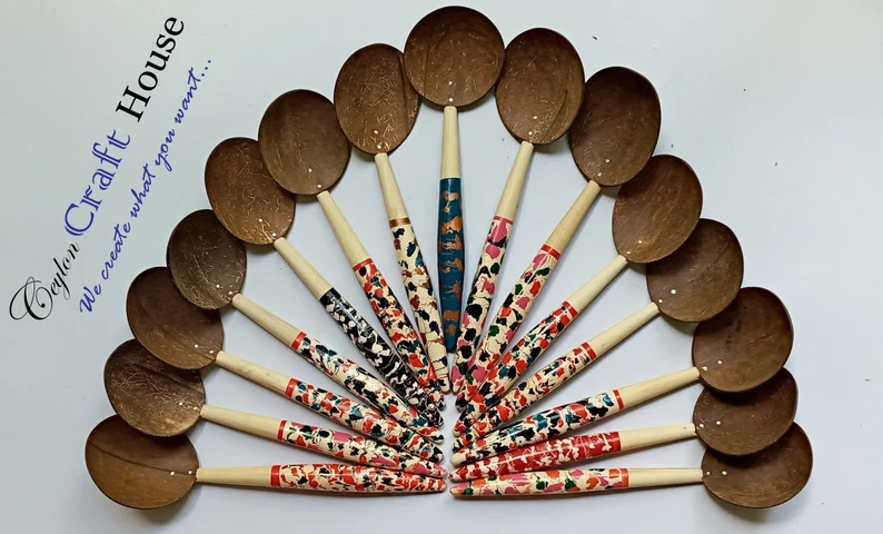 Large colorful Spoon | Handmade Coconut Shell Wooden Spoon| Lacquerware coconut shell rice spoon|Sri Lankan Natural Kitchen Tools Equipment - Image 8