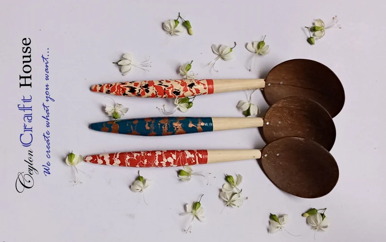 Large colorful Spoon | Handmade Coconut Shell Wooden Spoon| Lacquerware coconut shell rice spoon|Sri Lankan Natural Kitchen Tools Equipment - Image 7