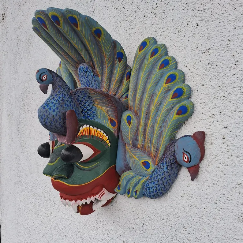 Stunning Peacock Mask Sculpture| Beautiful and lucky Wooden Wall Hanging Mask Hand Carved Wood Wall Hanging Mask| Home Decor Wall Art| Decor - Image 8