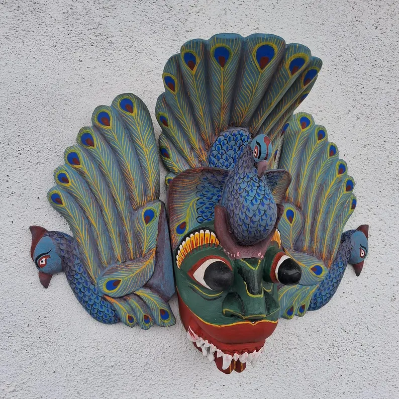 Stunning Peacock Mask Sculpture| Beautiful and lucky Wooden Wall Hanging Mask Hand Carved Wood Wall Hanging Mask| Home Decor Wall Art| Decor