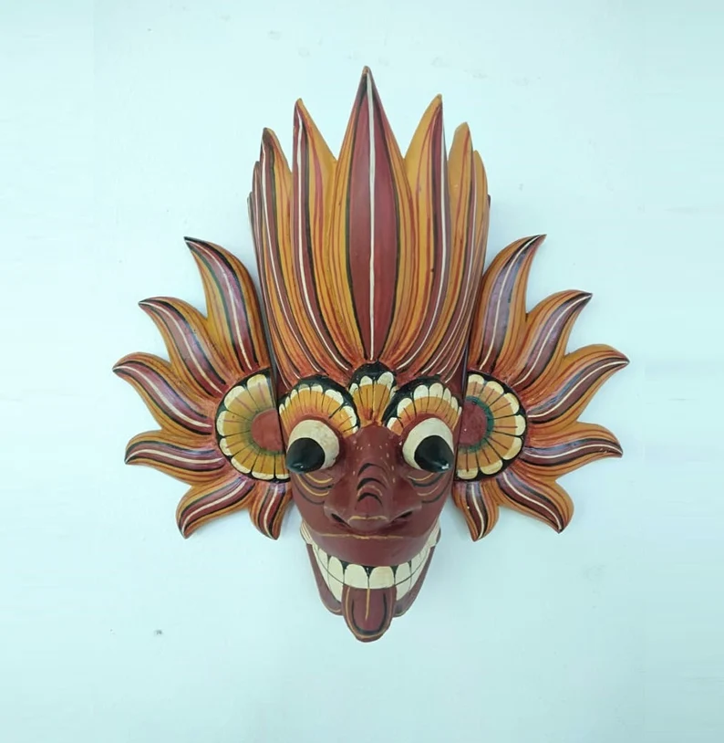 Fire Demon Mask,Gini Raksha mask,Ginidal Raksha Mask,Mask Sculpture,Wooden Mask,Wooden Mask from Sri Lanka, traditional Fire Devil mask.