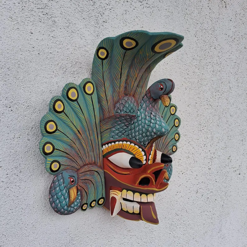 Stunning Peacock Mask Sculpture| Hand Carved Wood Wall Hanging Mask| Beautiful and lucky Wooden Wall Hanging Mask| Home Decor Wall Art - Image 8