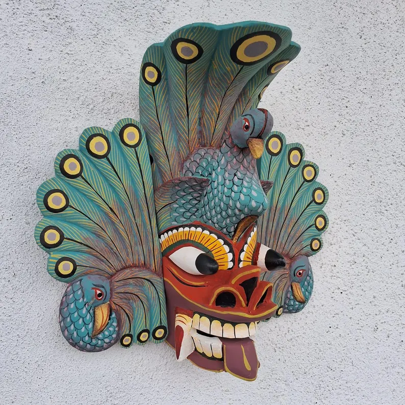 Stunning Peacock Mask Sculpture| Hand Carved Wood Wall Hanging Mask| Beautiful and lucky Wooden Wall Hanging Mask| Home Decor Wall Art - Image 7