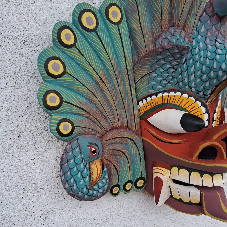 Stunning Peacock Mask Sculpture| Hand Carved Wood Wall Hanging Mask| Beautiful and lucky Wooden Wall Hanging Mask| Home Decor Wall Art - Image 3