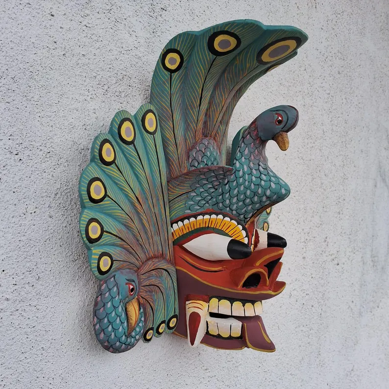Stunning Peacock Mask Sculpture| Hand Carved Wood Wall Hanging Mask| Beautiful and lucky Wooden Wall Hanging Mask| Home Decor Wall Art - Image 10