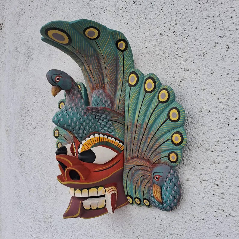 Stunning Peacock Mask Sculpture| Hand Carved Wood Wall Hanging Mask| Beautiful and lucky Wooden Wall Hanging Mask| Home Decor Wall Art - Image 9