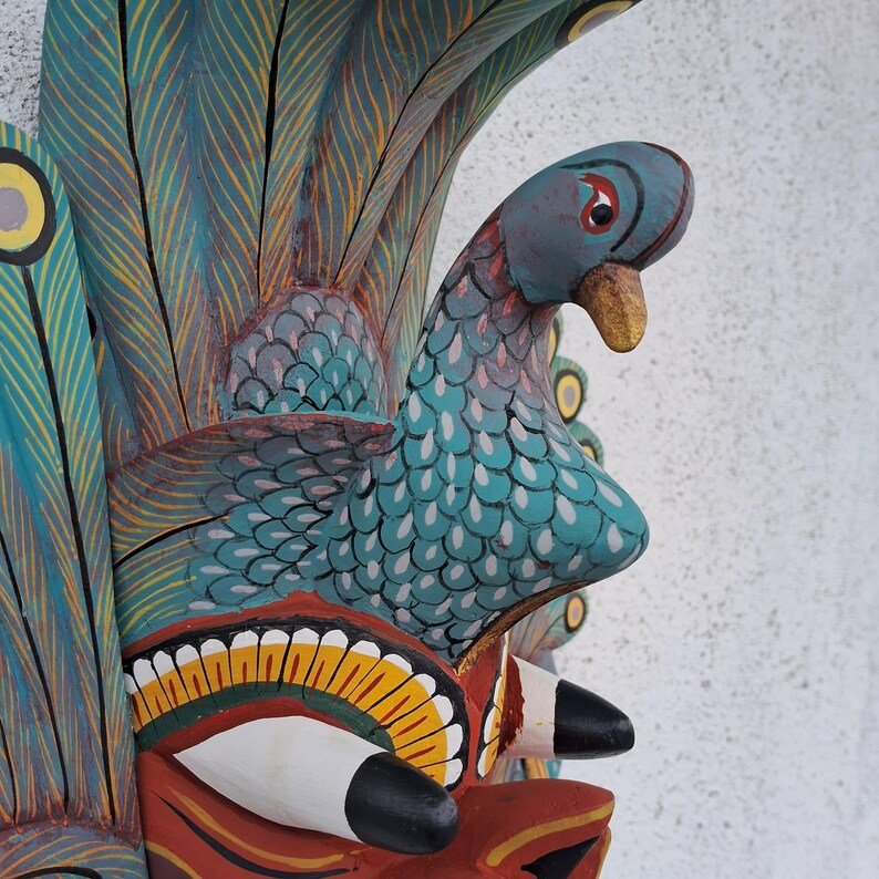 Stunning Peacock Mask Sculpture| Hand Carved Wood Wall Hanging Mask| Beautiful and lucky Wooden Wall Hanging Mask| Home Decor Wall Art - Image 4