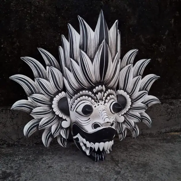 Handmade Black and White Fire Demon Mask|Traditional Sri Lankan Wood Mask for Good Fortune & Home Decor|Handcrafted Wooden Mask|Wall hanging