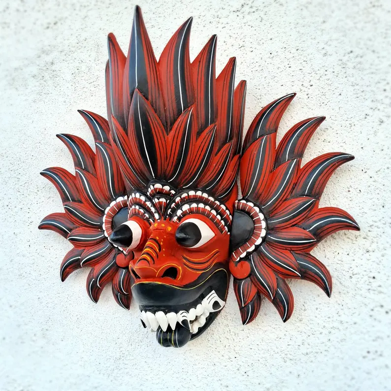 Handmade Fire Demon Mask|Unique Tribal Demon Mask|Mythical Mask for Cosplay|Demon Spirit Wall Decor|Traditional Sri Lankan Wooden Mask|Tiki