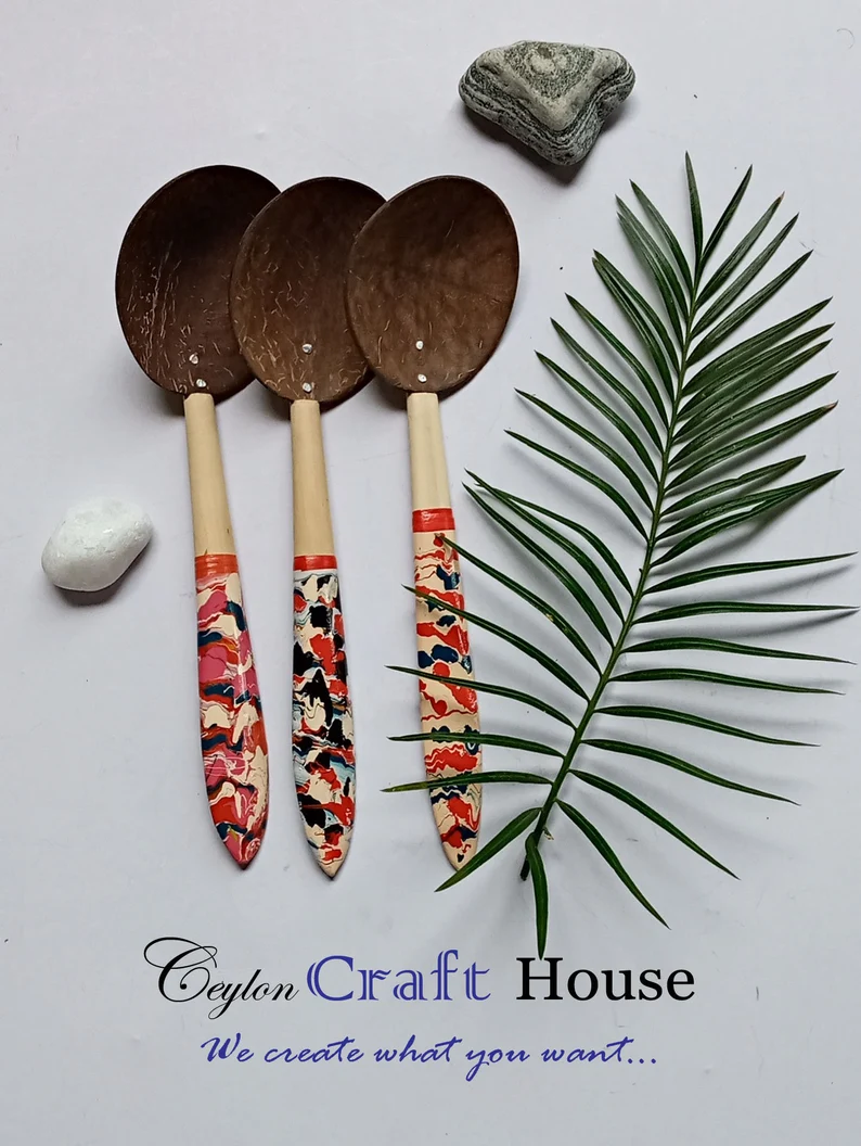6" colorful Wooden Spoon| Handmade Coconut Shell Wooden Spoon|Lacquerware coconut shell flat wooden spoon|Natural Kitchen Tools Equipment.