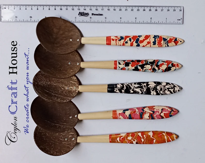 6" colorful Wooden Spoon| Handmade Coconut Shell Wooden Spoon|Lacquerware coconut shell flat wooden spoon|Natural Kitchen Tools Equipment. - Image 2