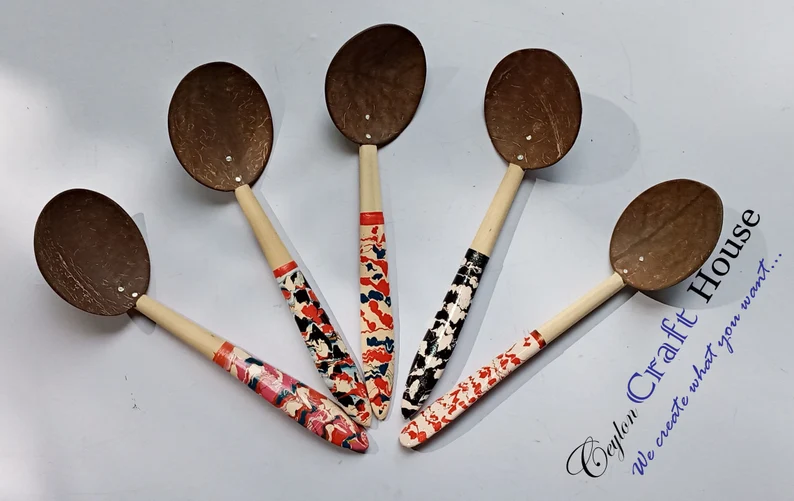 6" colorful Wooden Spoon| Handmade Coconut Shell Wooden Spoon|Lacquerware coconut shell flat wooden spoon|Natural Kitchen Tools Equipment. - Image 5