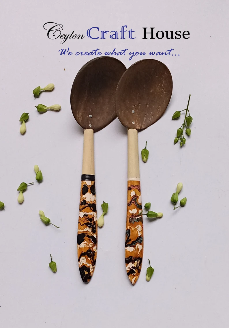 6" Natural colorful Wooden Spoon|100% Handmade Coconut Shell Wooden Spoon|Lacquerware flat wooden spoon|Natural Kitchen Tools Equipment.