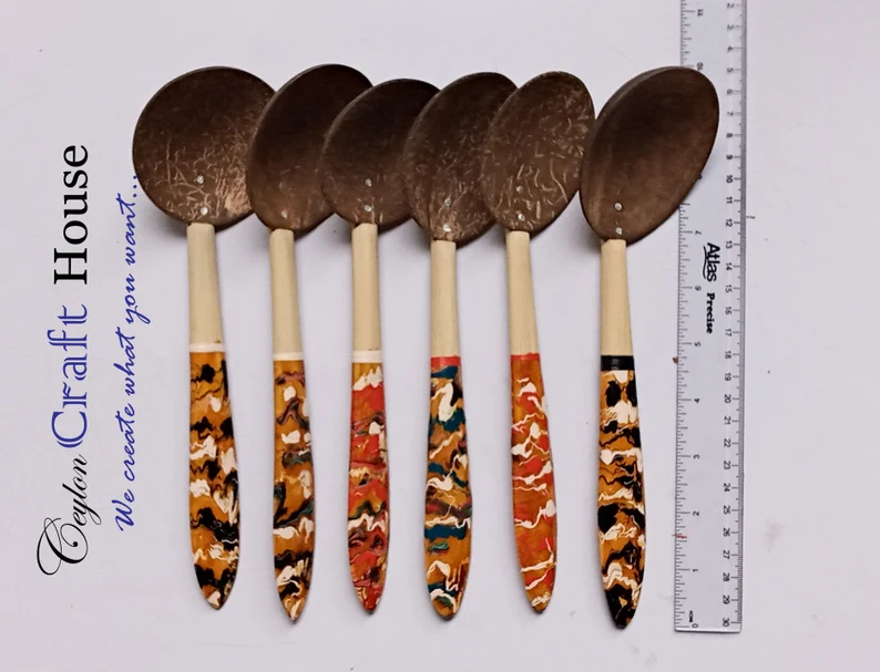 6" Natural colorful Wooden Spoon|100% Handmade Coconut Shell Wooden Spoon|Lacquerware flat wooden spoon|Natural Kitchen Tools Equipment. - Image 4