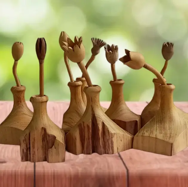 Off Center Turning natural flower vase with a flower. Bud vases / Wood Flower Pot Housewarming / Office table Flower Pot Dried Flower Vase