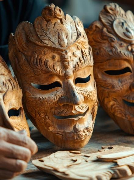 Close up of intricately carved wooden masks, showcasing the artistry and skill of traditional craftsmanship